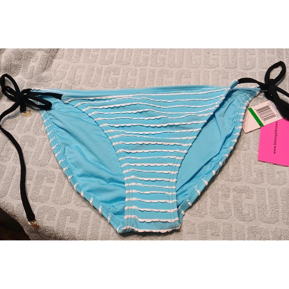 NWT Betsey Johnson Size‎ Large Aqua Blue With White Wavey Rows Bikini Bottom